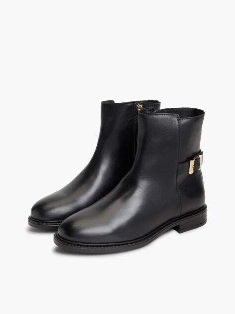 Black Leather TH Monogram Buckle Ankle Boots  Women