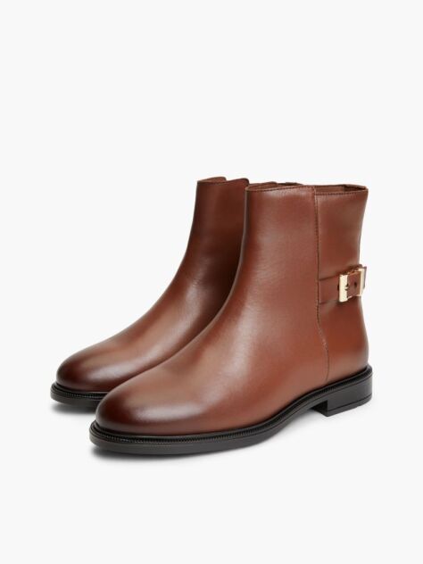 Brown Leather TH Monogram Buckle Ankle Boots  Women