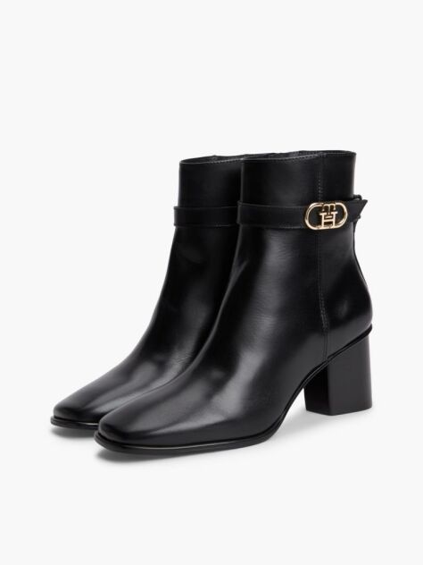 Black Leather Buckle Strap Block Heel Ankle Boots  Women