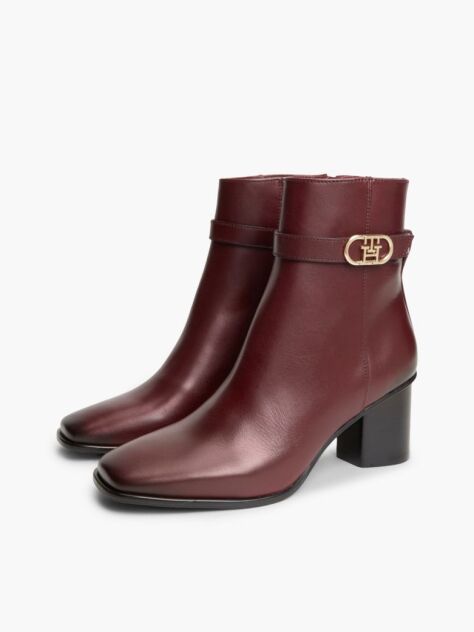 Red Leather Buckle Strap Block Heel Ankle Boots  Women