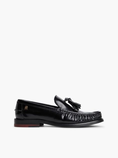 Black New York Label Shiny Leather Tassel Loafers  Women