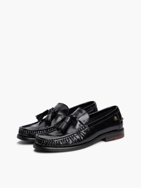 Black New York Label Shiny Leather Tassel Loafers  Women