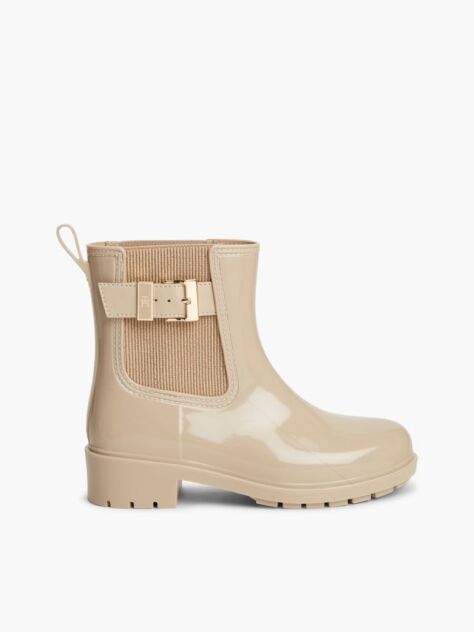 Beige Shiny Buckle Cleat Rain Boots  Women
