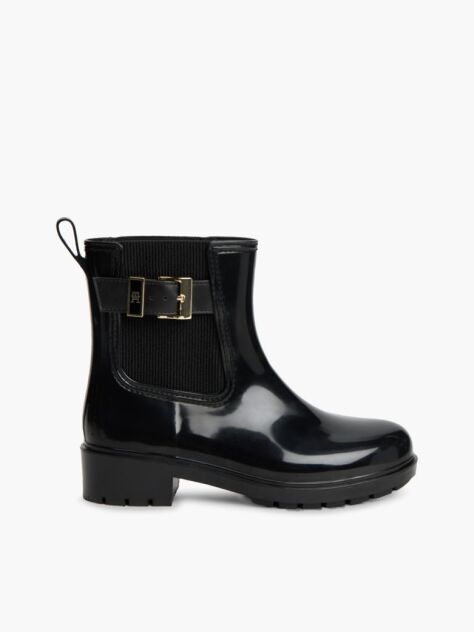 Black Shiny Buckle Cleat Rain Boots  Women