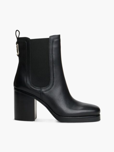 Black Leather Square Toe Block Heel Chelsea Boots  Women