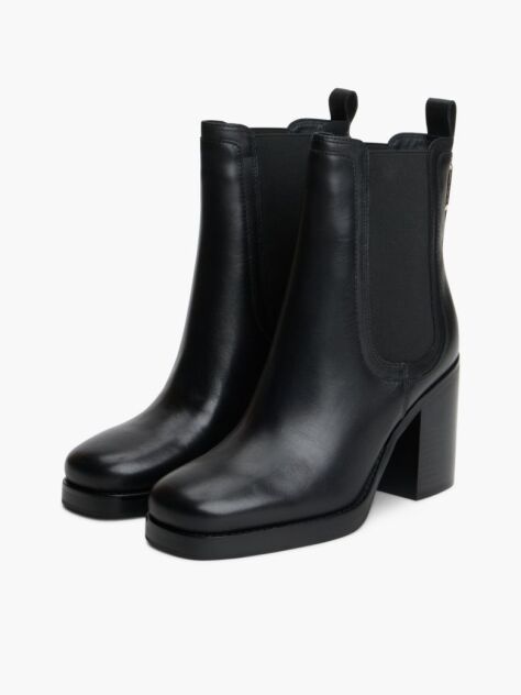 Black Leather Square Toe Block Heel Chelsea Boots  Women