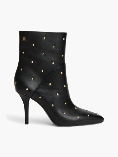 Black Leather Studded Stiletto Heel Ankle Boots  Women