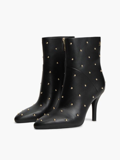 Black Leather Studded Stiletto Heel Ankle Boots  Women