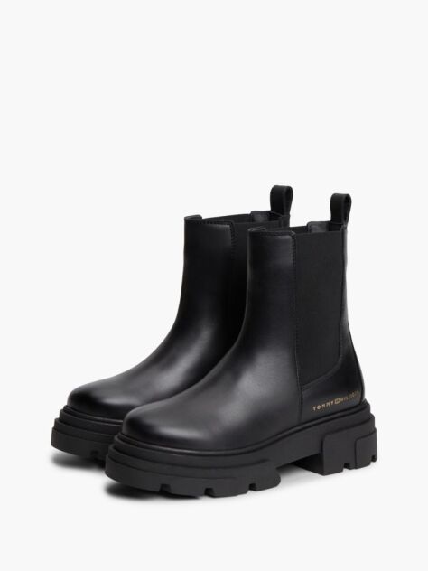 Black Leather Chunky Chelsea Boots  Women
