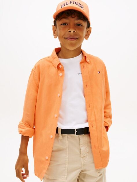 Orange Relaxed Fit Flag Embroidery Linen Blend Shirt  Boys