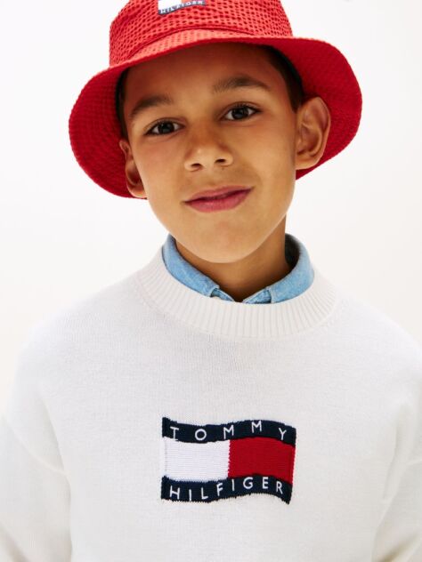White Intarsia Wavy Flag Crew Neck Jumper  Boys