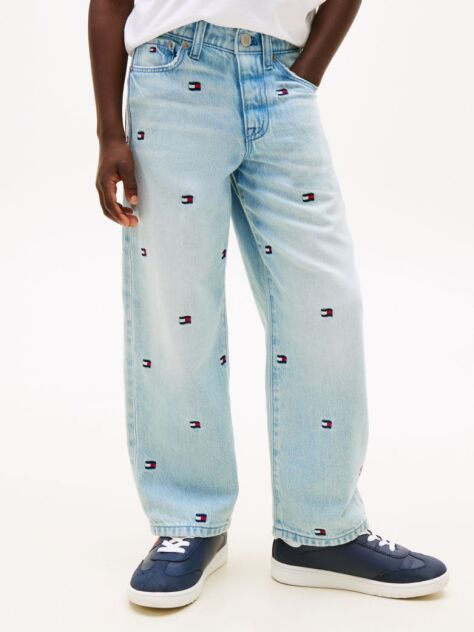 Blue Wavy Flag Embroidery Loose Jeans  Boys