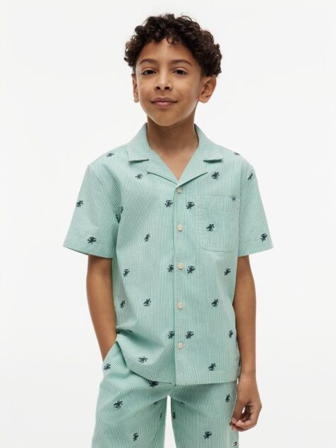 Green Ithaca Stripe Logo Embroidery Short Sleeve Shirt  Boys