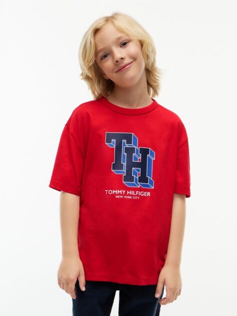 Κόκκινο Βαμβακερό T-Shirt Με Varsity Λογότυπο  Αγόρια