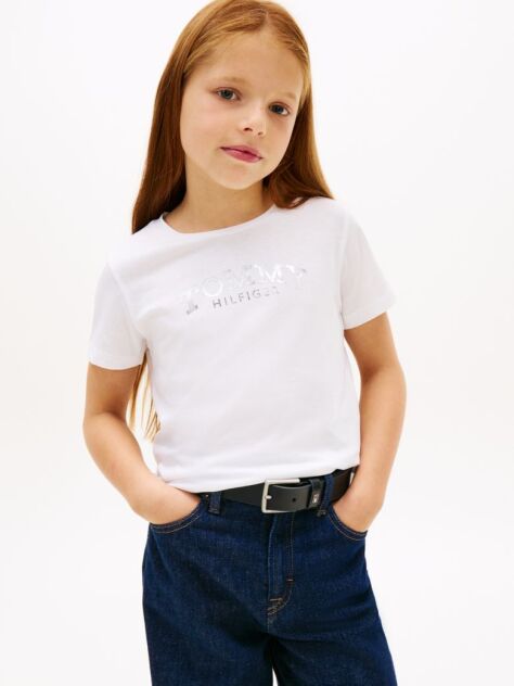White Metallic Logo Slim Crew Neck T-Shirt  Girls