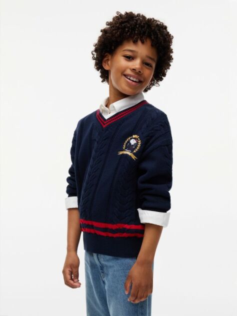 Blue Peanuts® Crest Embroidery Cable Knit Jumper  Kids Unisex
