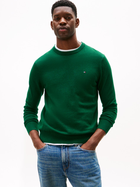 Green Cotton Cashmere Crew Neck Jumper.  Men