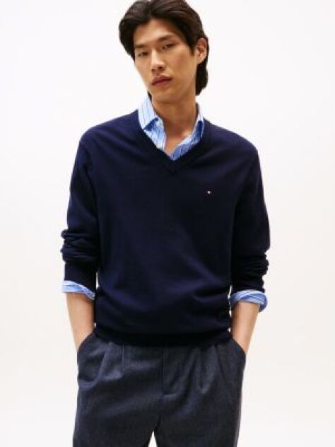 Blue Cotton Cashmere V-Neck Jumper  Men