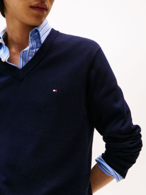 Blue Cotton Cashmere V-Neck Jumper  Men
