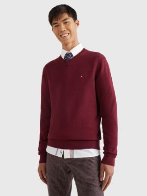 Red Cotton Cashmere V-Neck Jumper  Men