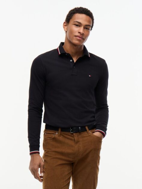 Black Tipped Long Sleeve Slim Polo Shirt  Men
