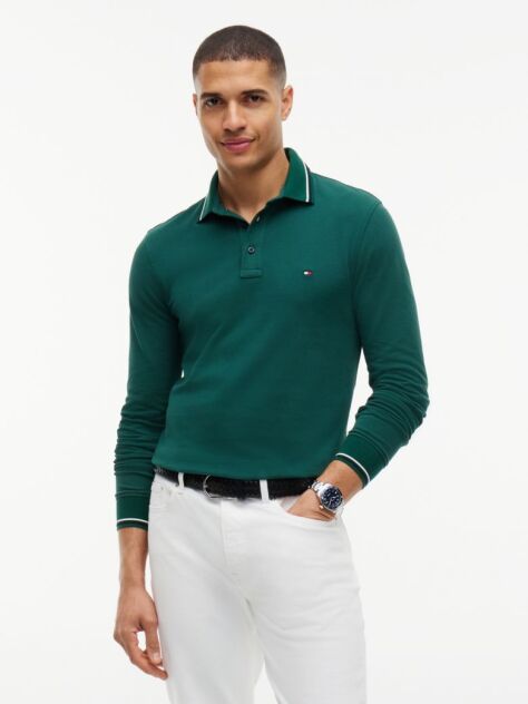Green Tipped Long Sleeve Slim Polo Shirt  Men