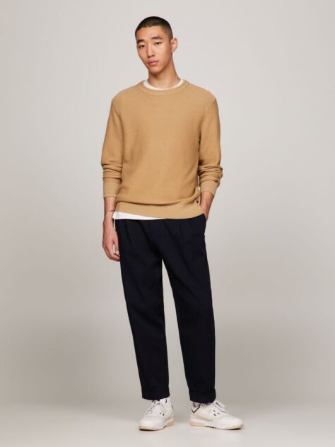 Beige Honeycomb Knit Crew Neck Jumper  Men