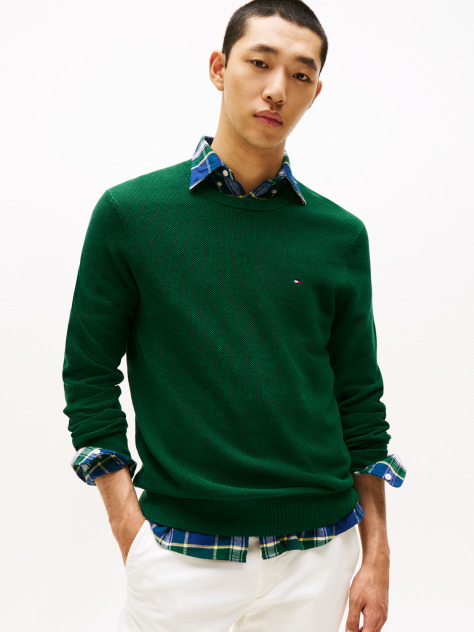 Green Crew Neck Textured Knit Jumper  Men
