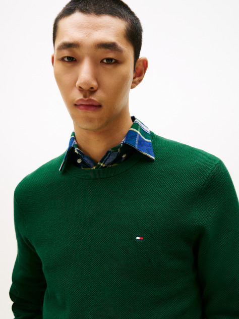 Green Crew Neck Textured Knit Jumper  Men