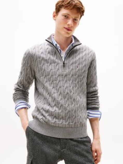 Grey Cable Knit Half-Zip Jumper  Men