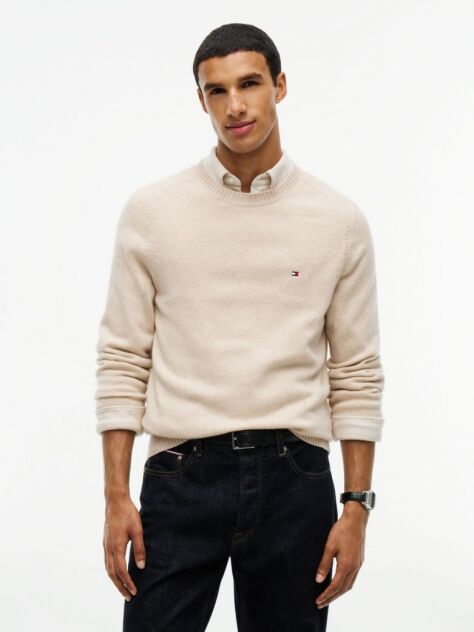 Beige Pure Lambswool Crew Neck Jumper  Men