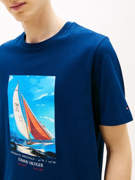 Blue Photo Print Cotton T-Shirt  Men