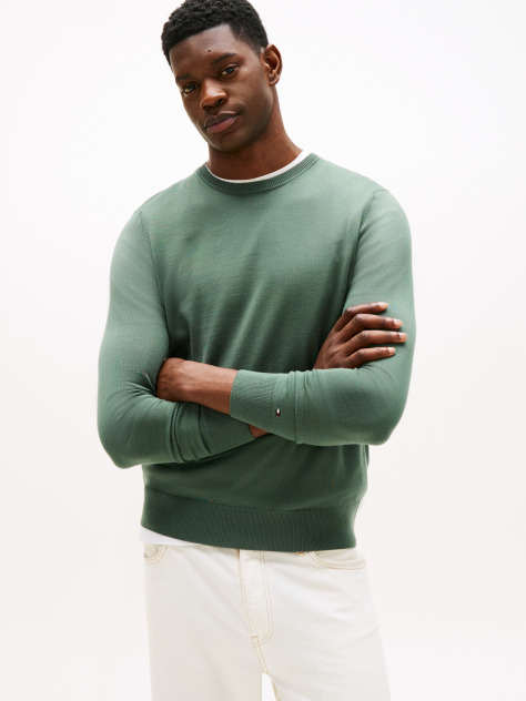 Green Fine Merino Wool Crew Neck Sweater  Men