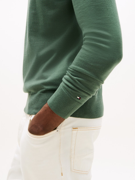 Green Fine Merino Wool Crew Neck Sweater  Men