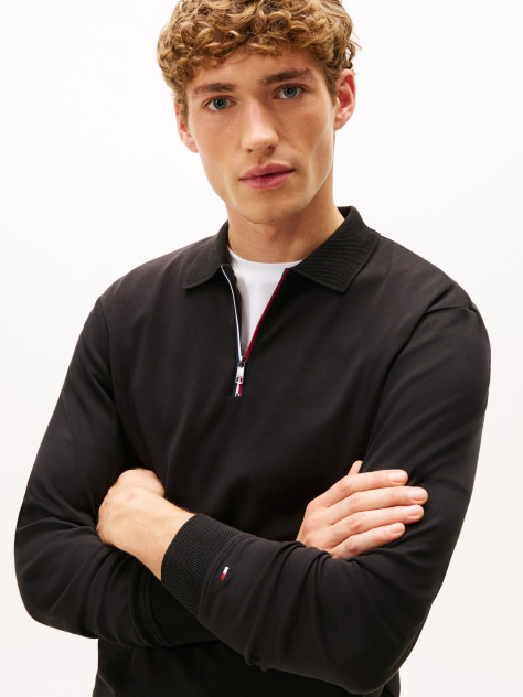 Black Interlock Zip Long Sleeve Polo Shirt  Men