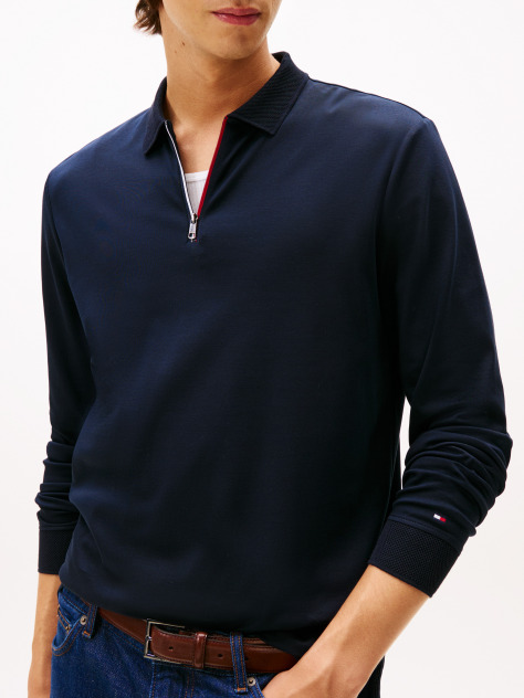 Blue Interlock Zip Long Sleeve Polo Shirt  Men