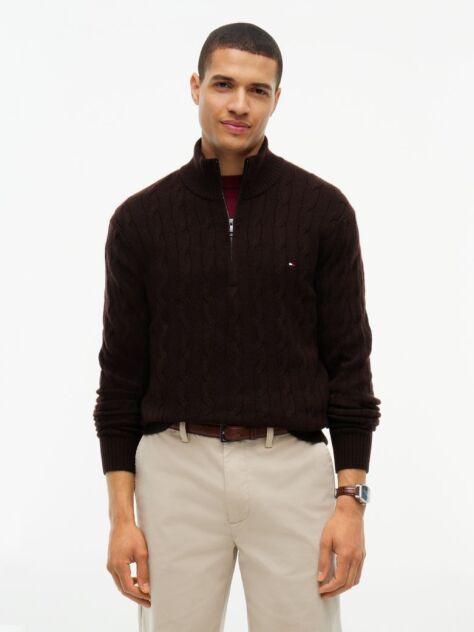 Brown Pure Lambswool Cable Knit Quarter-Zip Jumper  Men