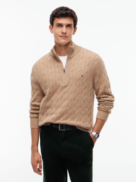 Brown Pure Lambswool Cable Knit Quarter-Zip Jumper  Men