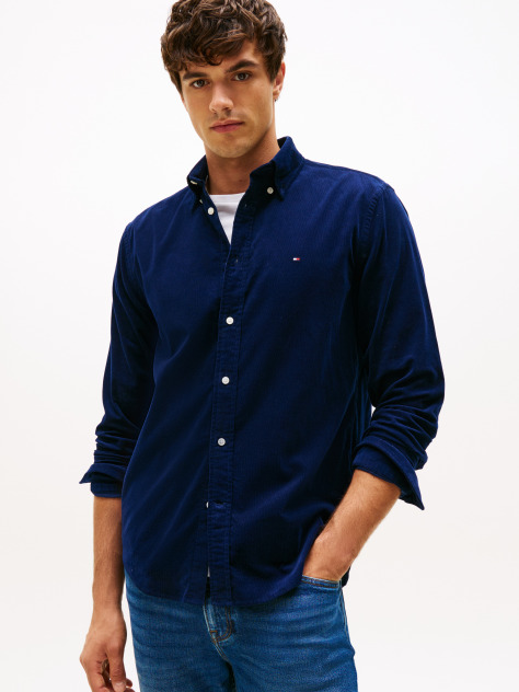 Blue Regular Fit Flag Embroidery Corduroy Shirt  Men