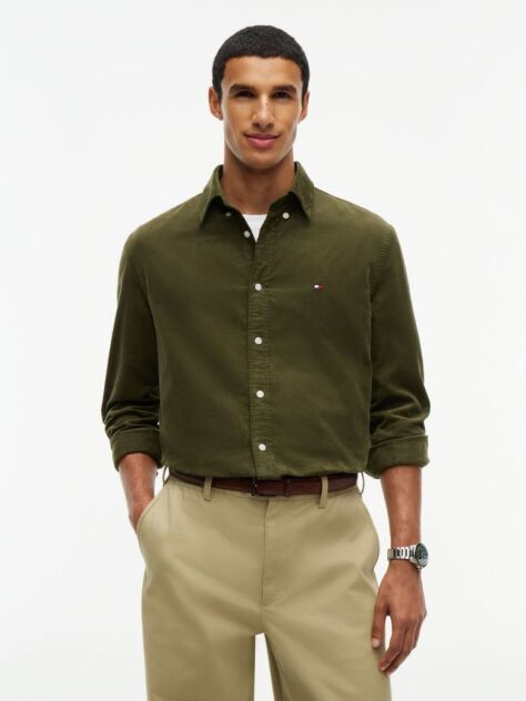 Green Regular Fit Flag Embroidery Corduroy Shirt  Men