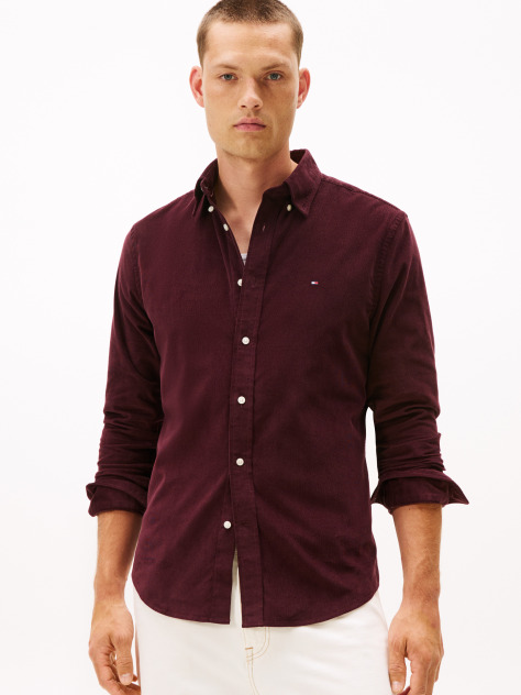 Red Regular Fit Flag Embroidery Corduroy Shirt  Men