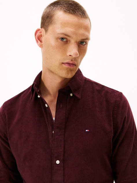 Red Regular Fit Flag Embroidery Corduroy Shirt  Men