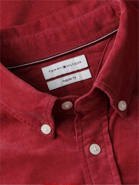 Red Regular Fit Flag Embroidery Corduroy Shirt  Men