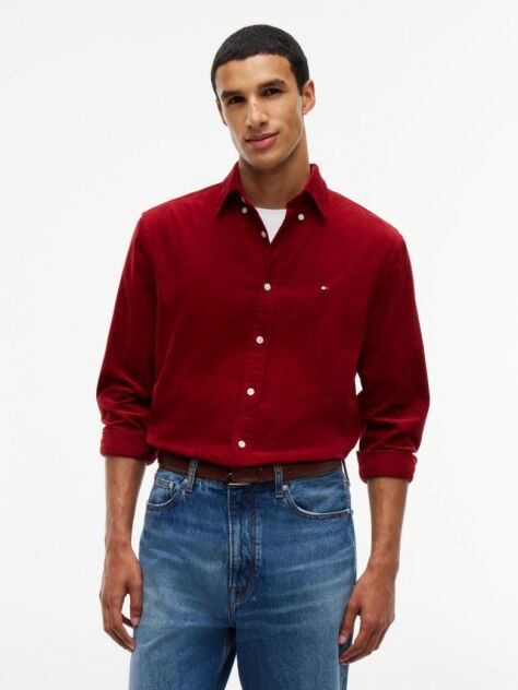Red Regular Fit Flag Embroidery Corduroy Shirt  Men