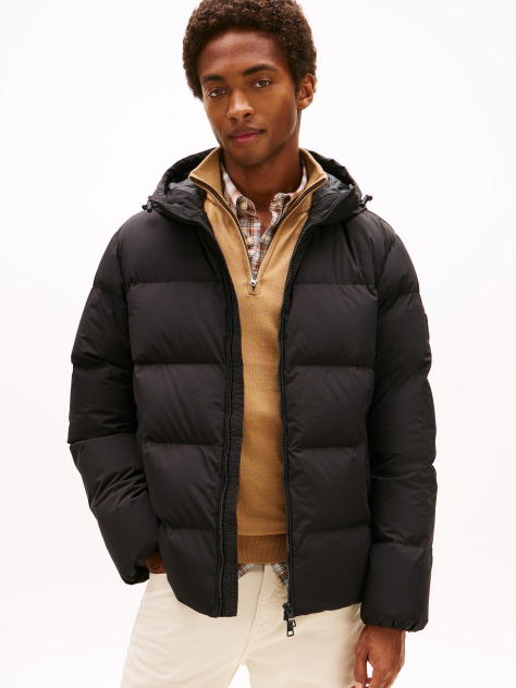 Black Water Repellent Down Hooded Puffer Jacket  Men