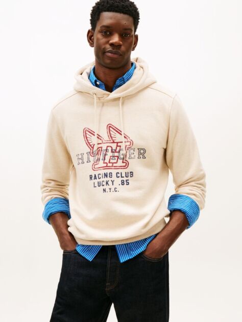 Beige Graphic Terry Drawstring Hoody  Men