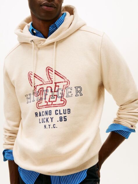 Beige Graphic Terry Drawstring Hoody  Men
