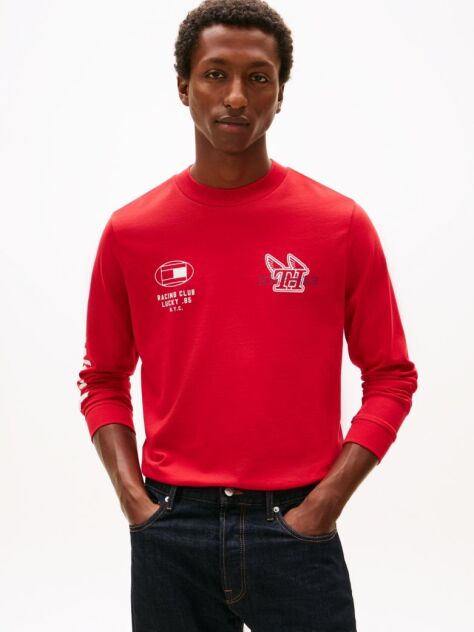 Red Graphic Jersey Long Sleeve T-Shirt  Men