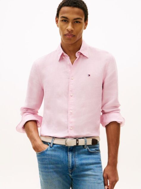 Pink Regular Fit Washed Pure Linen Shirt  Men