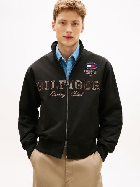 Black Logo Embroidery Racing Jacket  Men